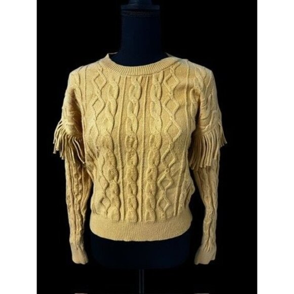 Philosophy Cable Knit Sweater Women SM Beige Fringe Sleeves heritage woods - Picture 2 of 5
